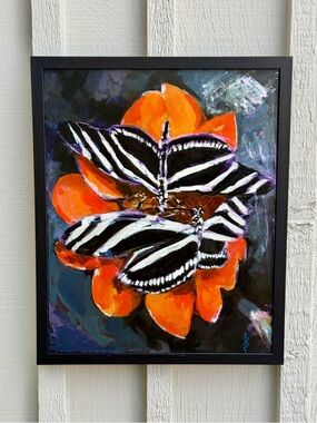 Framed Zebra Longwing Butterfly Painting with Vibrant Orange Flower